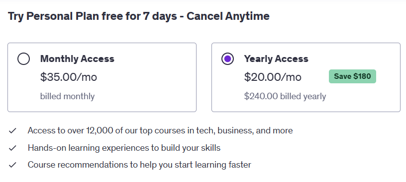 udemy personal plan price in the US